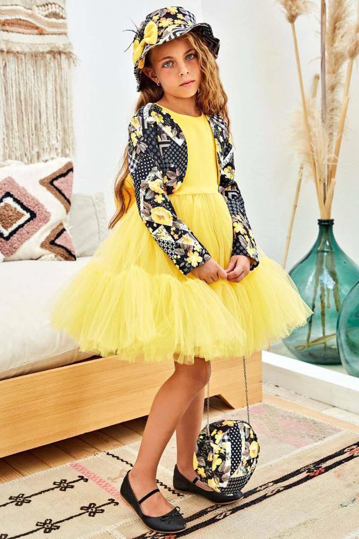 Kız Çocuk Üzeri Çiçek Baskılı Crop Ceket Şapkalı Eteği Tül Tül Kolsuz Sarı Abiye