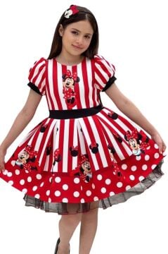 Kız Çocuk Üzeri Mc Maymun Baskılı Şerit Ve Çizgi Detaylı Kırmızı Elbise