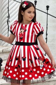 Kız Çocuk Üzeri Mc Maymun Baskılı Şerit Ve Çizgi Detaylı Kırmızı Elbise