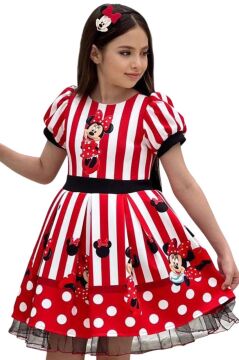 Kız Çocuk Üzeri Mc Maymun Baskılı Şerit Ve Çizgi Detaylı Kırmızı Elbise