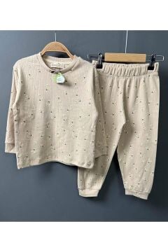 Kız Çocuk Üzeri Papatya Desenli Fitilli Krem Pijama Takımı