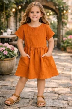 Kız Çocuk Beli Lastikli Önü Cep Detaylı Fitilli Müslin Kiremit Elbise