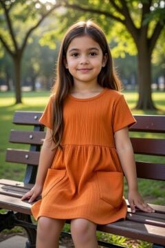 Kız Çocuk Beli Lastikli Önü Cep Detaylı Fitilli Müslin Kiremit Elbise