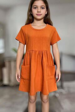 Kız Çocuk Beli Lastikli Önü Cep Detaylı Fitilli Müslin Kiremit Elbise
