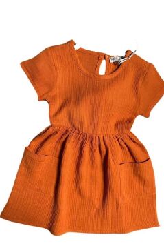 Kız Çocuk Beli Lastikli Önü Cep Detaylı Fitilli Müslin Kiremit Elbise