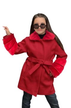 Kız Çocuk Yakası ve Kol Uçları Peluş, Gizli Düğme Detaylı Kırmızı Kaşe Kaban