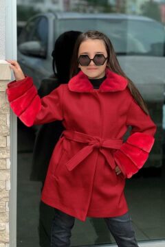 Kız Çocuk Yakası ve Kol Uçları Peluş, Gizli Düğme Detaylı Kırmızı Kaşe Kaban Kırmızı - 4-5 YAŞ