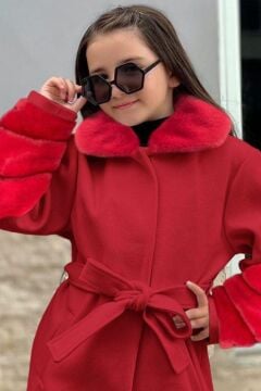 Kız Çocuk Yakası ve Kol Uçları Peluş, Gizli Düğme Detaylı Kırmızı Kaşe Kaban Kırmızı - 4-5 YAŞ