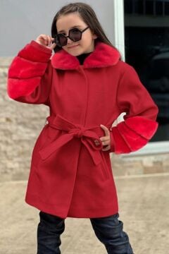 Kız Çocuk Yakası ve Kol Uçları Peluş, Gizli Düğme Detaylı Kırmızı Kaşe Kaban Kırmızı - 4-5 YAŞ