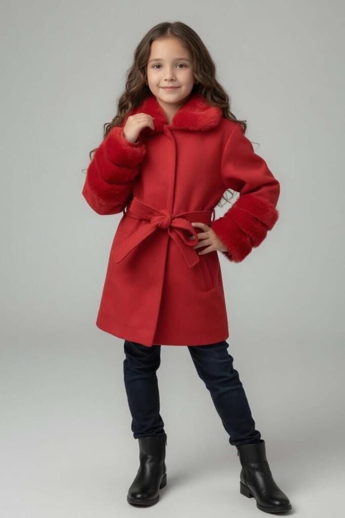 Kız Çocuk Yakası ve Kol Uçları Peluş, Gizli Düğme Detaylı Kırmızı Kaşe Kaban
