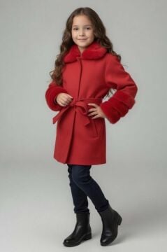 Kız Çocuk Yakası ve Kol Uçları Peluş, Gizli Düğme Detaylı Kırmızı Kaşe Kaban