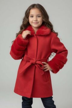 Kız Çocuk Yakası ve Kol Uçları Peluş, Gizli Düğme Detaylı Kırmızı Kaşe Kaban