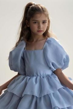 Kız Çocuk Balon Kollu Eteği KatKat Fırfırlı İçi Astarlı Mavi Abiye