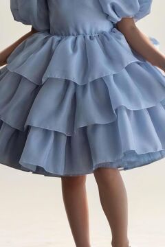 Kız Çocuk Balon Kollu Eteği KatKat Fırfırlı İçi Astarlı Mavi Abiye