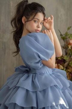 Kız Çocuk Balon Kollu Eteği KatKat Fırfırlı İçi Astarlı Mavi Abiye