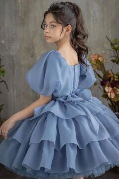 Kız Çocuk Balon Kollu Eteği KatKat Fırfırlı İçi Astarlı Mavi Abiye