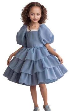 Kız Çocuk Balon Kollu Eteği KatKat Fırfırlı İçi Astarlı Mavi Abiye