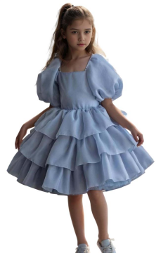 Kız Çocuk Balon Kollu Eteği KatKat Fırfırlı İçi Astarlı Mavi Abiye