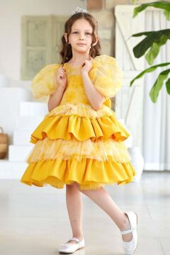 Kız Çocuk Çiçek Detaylı Katkat Fırfırlı Sarı Abiye