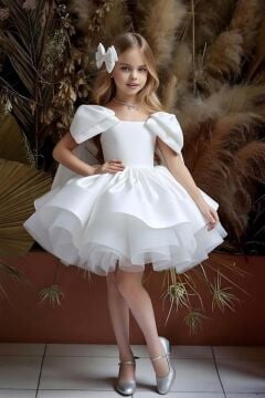 Kız Çocuk Omuzları Fiyonk Detaylı Kayık Yaka İçi astarlı Eteği Kabarık Beyaz Abiye