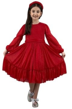 Kız Çocuk Sıfır Yaka Kolları Transparan Eteği Tüllü Simli Kırmızı Abiye