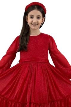 Kız Çocuk Sıfır Yaka Kolları Transparan Eteği Tüllü Simli Kırmızı Abiye