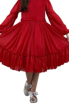 Kız Çocuk Sıfır Yaka Kolları Transparan Eteği Tüllü Simli Kırmızı Abiye