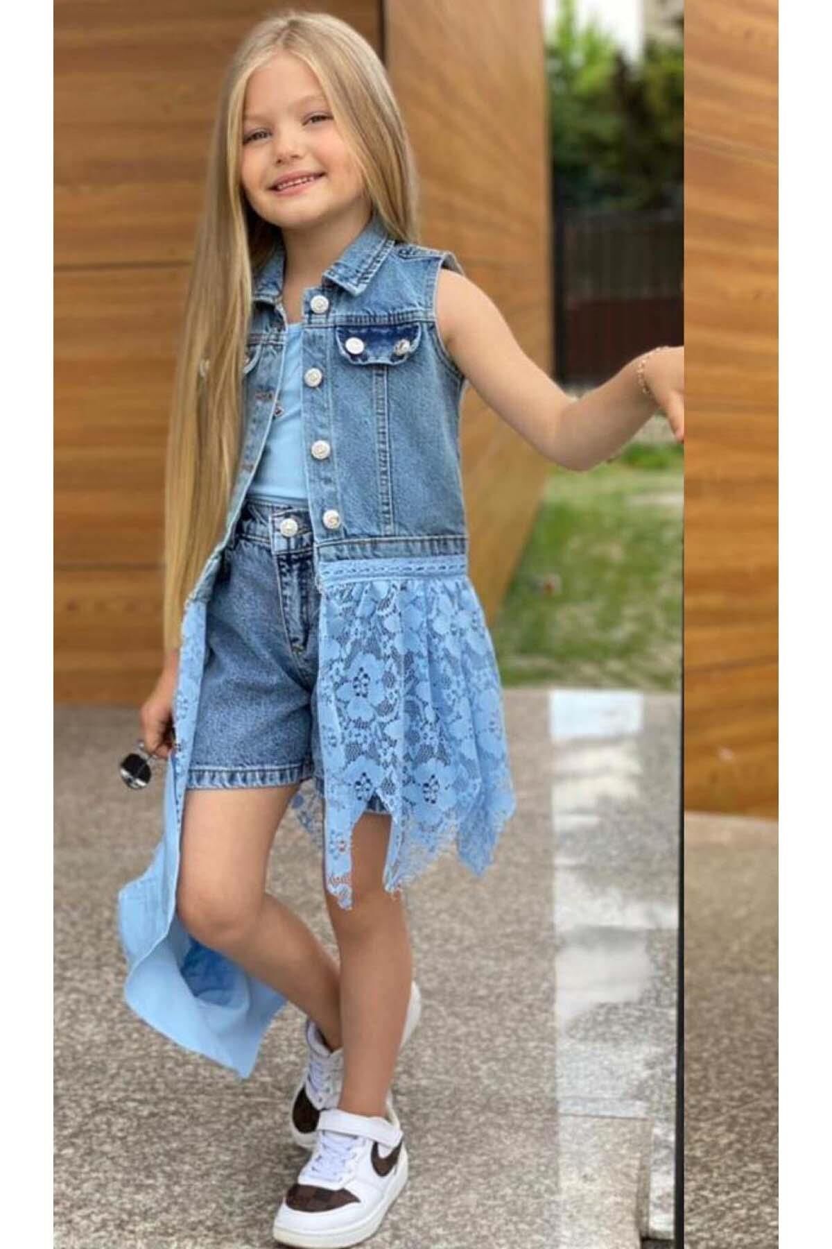 Kız Çocuk Bisiklet Yaka Penye Bluz Dantel İşlemeli Mavi Tüllü Jean Ceket Şapkalı Şortlu Takım