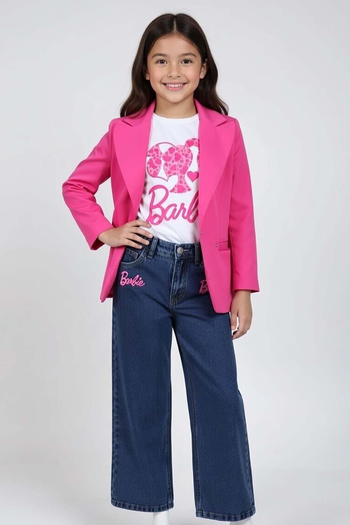Kız Çocuk Bebek ve Yazı Detaylı T-Shirt Kurdela Düğme Detaylı Blazer Ceket Alt Üst Takım