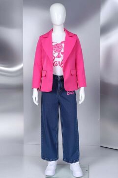 Kız Çocuk Bebek ve Yazı Detaylı T-Shirt Kurdela Düğme Detaylı Blazer Ceket Alt Üst Takım