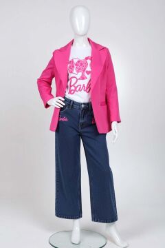 Kız Çocuk Bebek ve Yazı Detaylı T-Shirt Kurdela Düğme Detaylı Blazer Ceket Alt Üst Takım