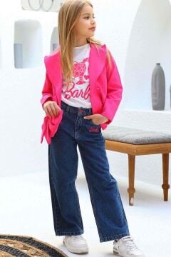 Kız Çocuk Bebek ve Yazı Detaylı T-Shirt Kurdela Düğme Detaylı Blazer Ceket Alt Üst Takım