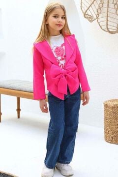 Kız Çocuk Bebek ve Yazı Detaylı T-Shirt Kurdela Düğme Detaylı Blazer Ceket Alt Üst Takım