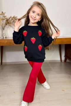 Kız Çocuk Üzeri Çilek Figürlü 3 İplik Kazak Bol Kesim Skuba Kumaş Kırmızı Alt Üst Takım