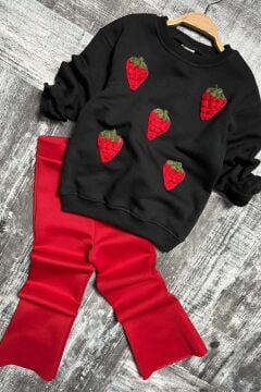 Kız Çocuk Üzeri Çilek Figürlü 3 İplik Kazak Bol Kesim Skuba Kumaş Kırmızı Alt Üst Takım