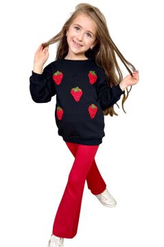 Kız Çocuk Üzeri Çilek Figürlü 3 İplik Kazak Bol Kesim Skuba Kumaş Kırmızı Alt Üst Takım