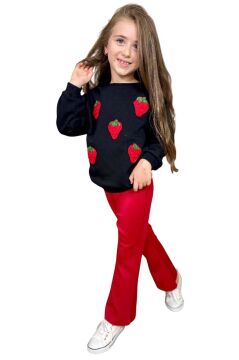 Kız Çocuk Üzeri Çilek Figürlü 3 İplik Kazak Bol Kesim Skuba Kumaş Kırmızı Alt Üst Takım