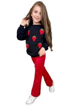 Kız Çocuk Üzeri Çilek Figürlü 3 İplik Kazak Bol Kesim Skuba Kumaş Kırmızı Alt Üst Takım