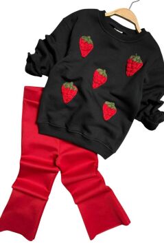 Kız Çocuk Üzeri Çilek Figürlü 3 İplik Kazak Bol Kesim Skuba Kumaş Kırmızı Alt Üst Takım