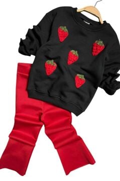 Kız Çocuk Üzeri Çilek Figürlü 3 İplik Kazak Bol Kesim Skuba Kumaş Kırmızı Alt Üst Takım
