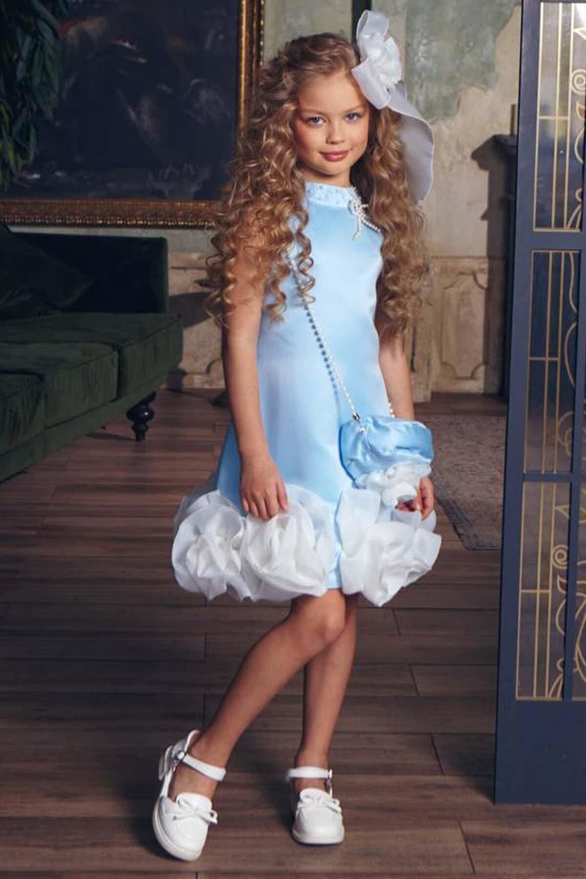 Kız Çocuk Dik Yaka İnci Detaylı Sıfır Kol Eteği 3D Gül İşlemeli Slim Kesim Mavi Elbise