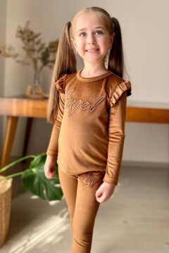 Kız Çocuk Omuzlarında Fırfır Detayı Angel Yazı İşlemeli Kadife Kahverengi Taytlı Takım