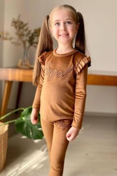 Kız Çocuk Omuzlarında Fırfır Detayı Angel Yazı İşlemeli Kadife Kahverengi Taytlı Takım