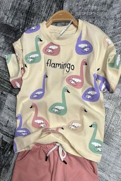 Kız Çocuk Flamingo Baskılı Kısa Kollu Pudra Şortlu Takım