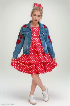 Kız Çocuk Çiçek Baskılı Kot Ceket Puantiyeli Kat Kat Piliseli Kırmızı Elbise