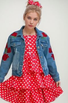 Kız Çocuk Çiçek Baskılı Kot Ceket Puantiyeli Kat Kat Piliseli Kırmızı Elbise