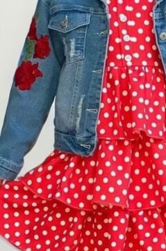 Kız Çocuk Çiçek Baskılı Kot Ceket Puantiyeli Kat Kat Piliseli Kırmızı Elbise