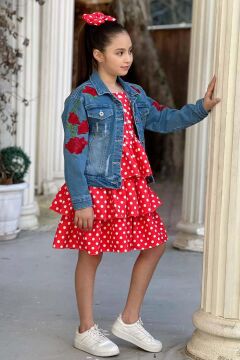 Kız Çocuk Çiçek Baskılı Kot Ceket Puantiyeli Kat Kat Piliseli Kırmızı Elbise