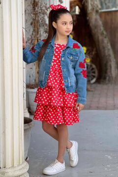 Kız Çocuk Çiçek Baskılı Kot Ceket Puantiyeli Kat Kat Piliseli Kırmızı Elbise