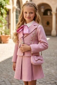 Kız Çocuk Yakası Fular Detaylı Gömlek, Çizik ve İnci Taş Düğmeli Şanel Pembe Etekli Takım